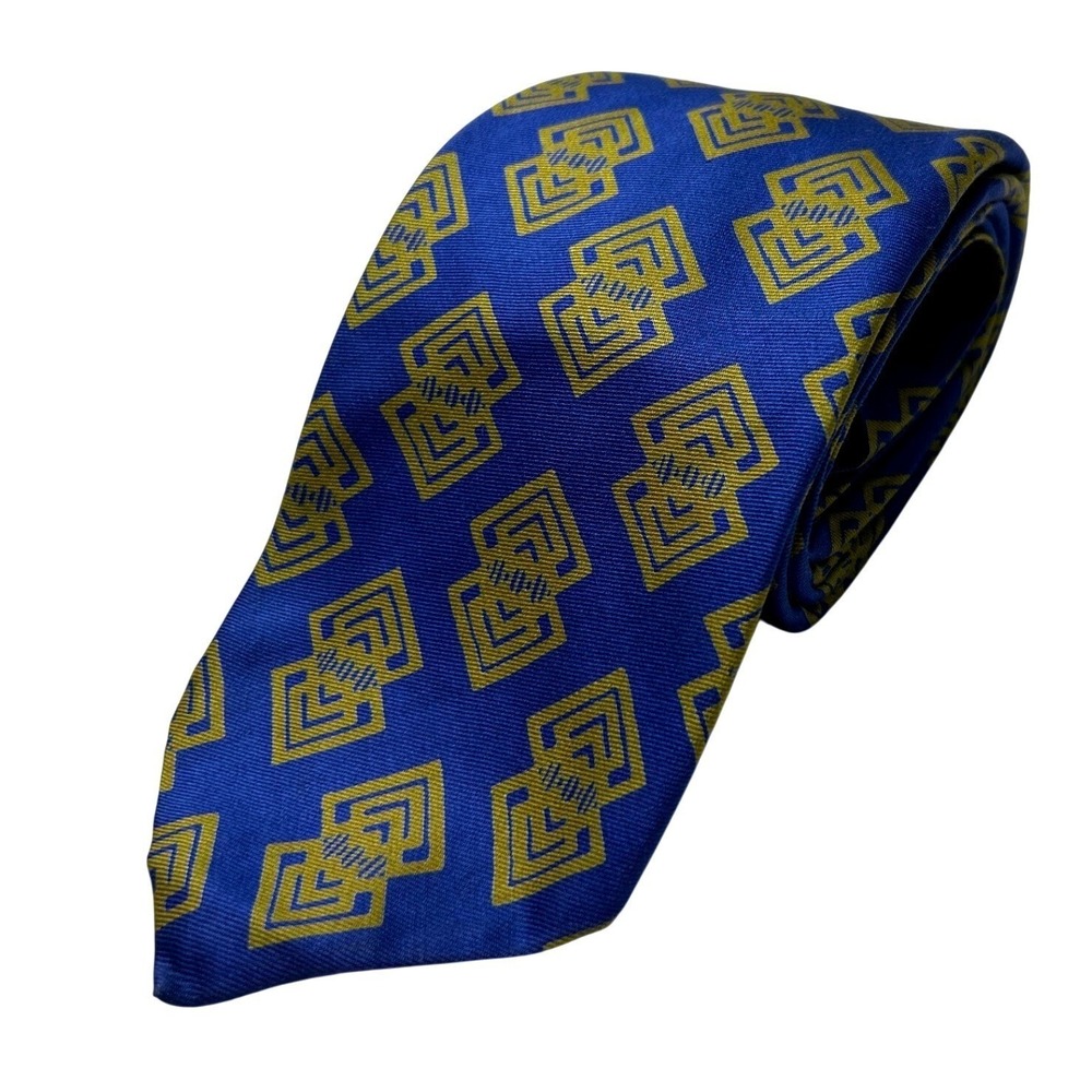 Sears Mens Necktie Blue OS Gold Geometric Diamond 100% Silk Vintage Classic Tie